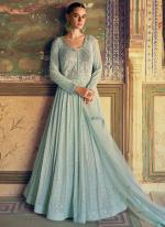 Georgette Sky Blue Wedding Wear Embroidery Work Readymade Gown With Dupatta